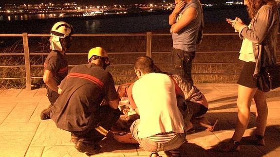 Los bomberos atienden al perro herido tras caer por el acantilado de Punta Galea. 