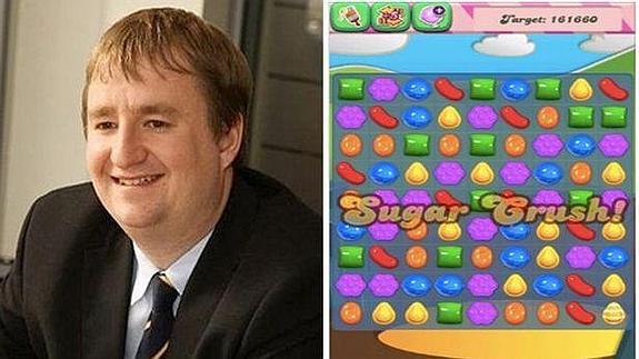 Nigel Mills y una imagen del juego Candy Crush.