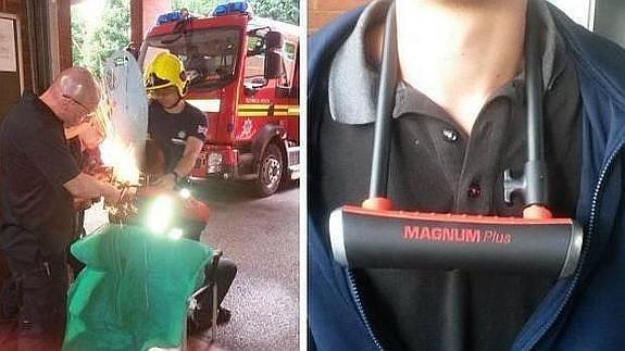 El joven acudió al parque de bomberos para ser liberado del candado que rodeaba su cuello.