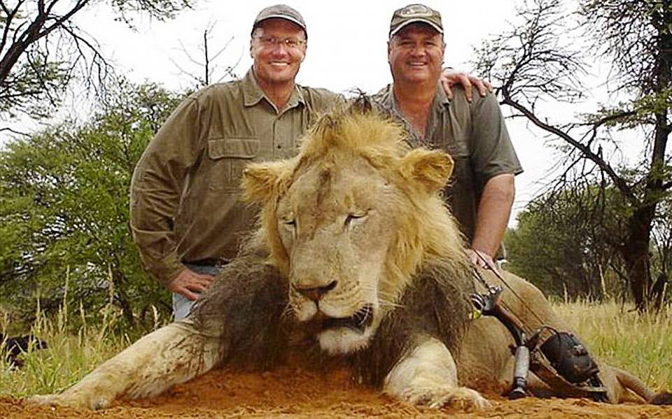 El dentista norteamericano Walter James, a la izquierda, posa junto al cadáver del león Cecil.