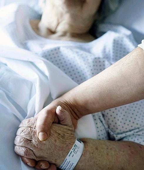 Un hijo sujeta la mano de su madre, ingresada en la unidad de cuidados paliativos del Hospital Donostia.