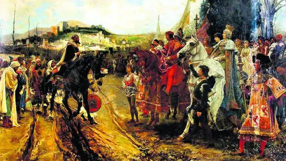 La rendición de Granada. El lienzo de Francisco Pradilla (1882) glosa la entrega de las llaves de la ciudad por parte de Boabdill. Abajo, corte de Abderramán III, en Córdoba.