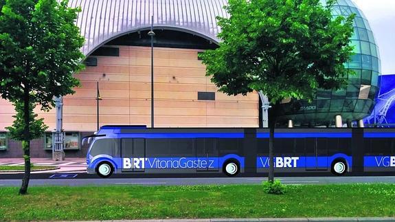 Recreación virtual de un autobús BRT circulando por Vitoria. 