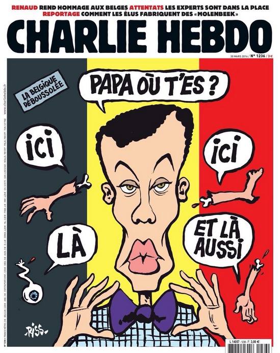 Portada del último número de 'Charlie Hebdo'. El cantante belga Stromae pregunta 'Papá, dónde estas' y varios restos humanos responden: «aquí».