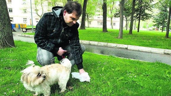 Un joven ajeno a la información recoge las heces de su perro en un jardín de Vitoria. 