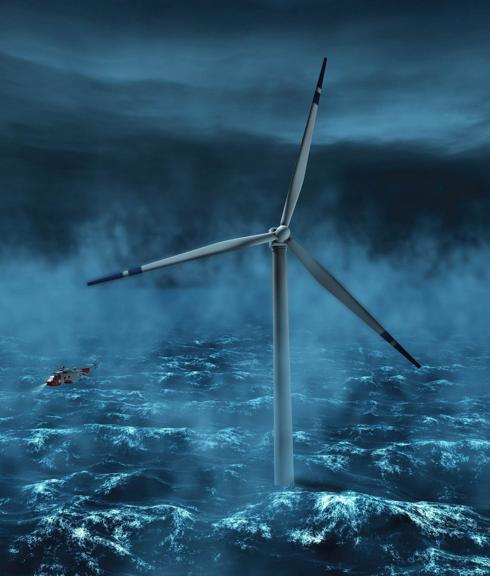 Fotomontaje de una turbina de viento en el mar próximo a las costas de noruega