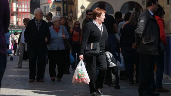 Una mujer, con la bolsa de la compra, en el Casco Viejo.