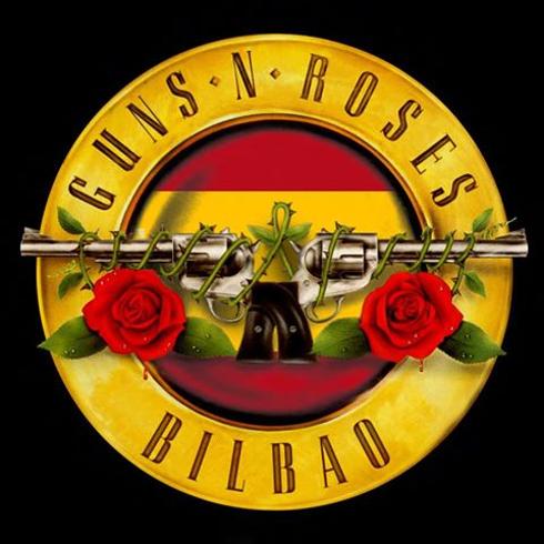 El logotipo del concierto de Guns N' Roses en Bilbao, con la bandera de España de fondo