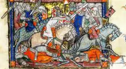 El rey Arturo en combate, en una ilustración del siglo XIV.