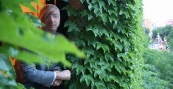 El dibujante vasco-gallego Álvarez Rabo, con su característica media que le cubre el rostro. / EL CORREO