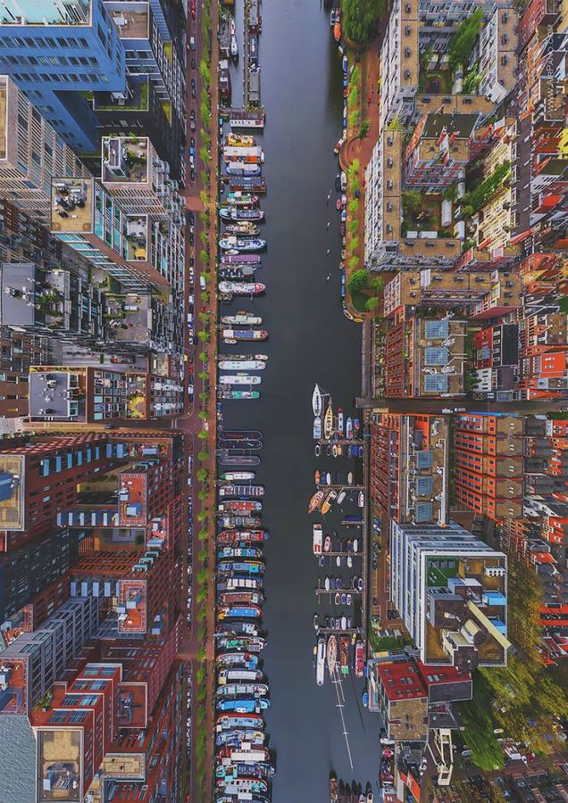 Distrito Westerdok, Amsterdam, Holanda. Diferentes paisajes que ya son fascinantes desde tierra, pero que se vuelven más espectaculares todavía en estas tomas aéreas