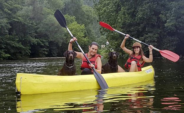 Dos chicas y sus perros disfrutan el río en canoa