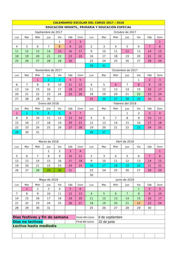 Calendario Escolar del curso 2017/ 2018 para Educación Infantil, Primaria y Educación Especial