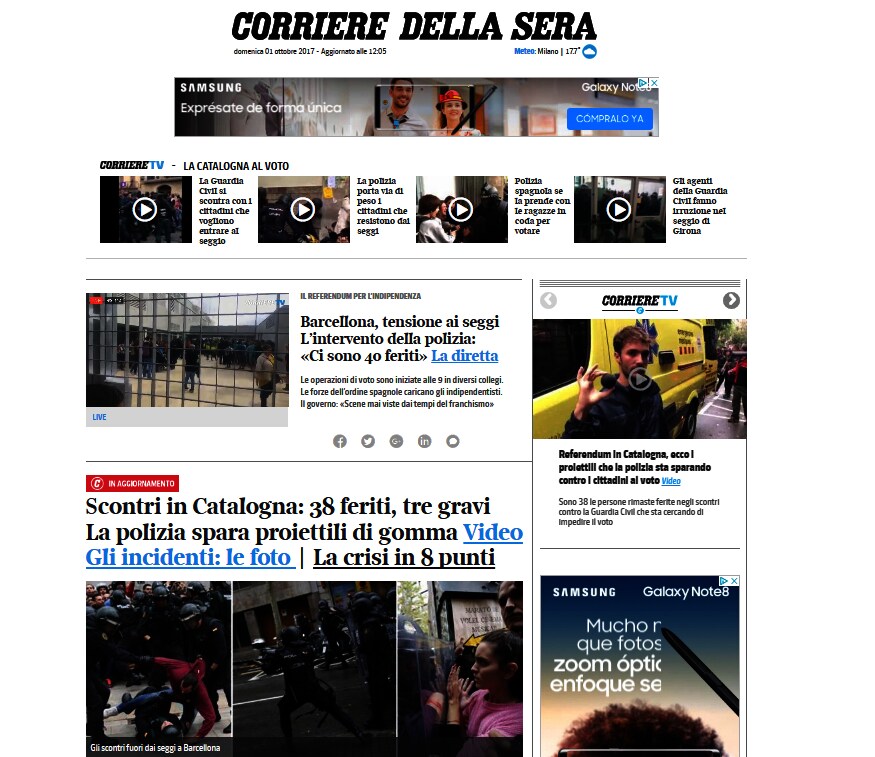 El italiano Corriere della Sera habla de los heridos: "Conflictos en Cataluña: 38 heridos, tres graves. La policía dispara pelotas de goma".