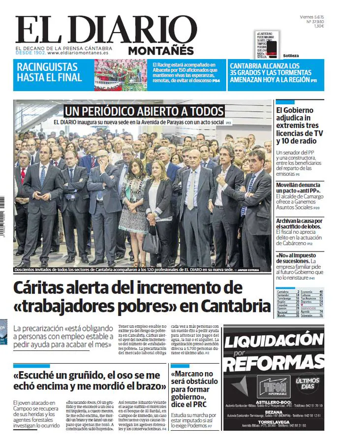 2015. Viernes 5 de junio. El Diario estrena nueva sede. Otra nueva sede, otro estreno para acoger a los 120 trabajadores del decano de la prensa cántabra. El Diario Montañés dio un nuevo salto cualitativo hacia el mejor de los futuros e inauguró unas instalaciones situadas en la Avenida de Parayas, a la entrada de Santander. Y celebró la efemérides acompañado de unos doscientos invitados que se sumaron a un pequeño acto celebrado en la nueva sede. 