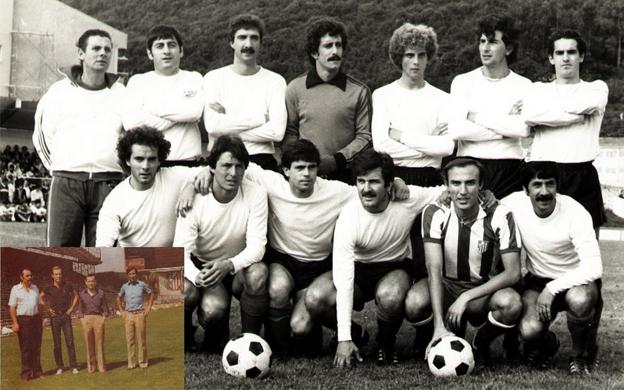 El Santoña, antes del partido con el At. Madrid, posa con Benito. Recuadro, en el Vicente Calderón tras el fichaje. 