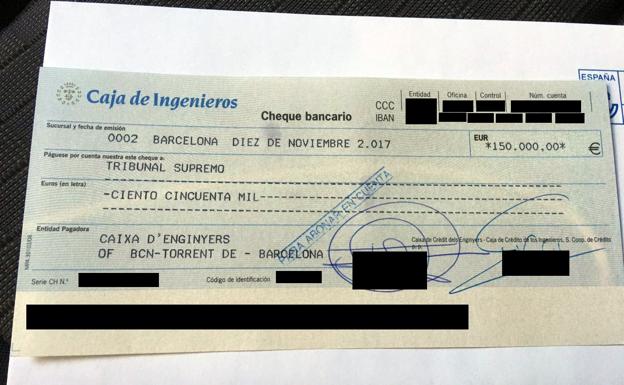Imagen del cheque con el que se ha pagado la fianza de Forcadell.