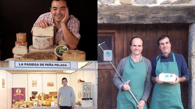 Arriba: Tomás Pérez, con el queso de Oro de Prases. Debajo, César Ruiz con una muestra de sus quesos, y José María y Álvaro Alonso, propietarios de Quesoba. 