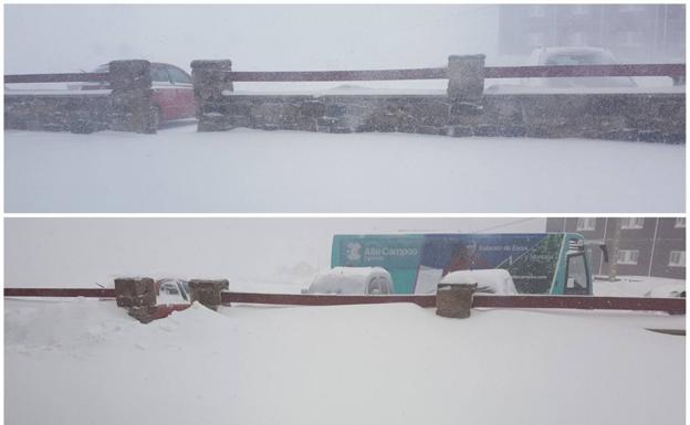 Imagen. La imagen de arriba es de ayer por la tarde en Brañavieja. La de abajo, de esta mañana, muestra la cantidad de nieve caída durante la noche.