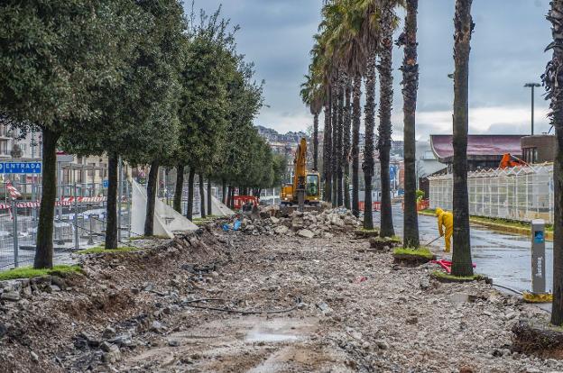 El paseo bordeado por encinas y palmeras ya ha sido levantado. En él hubo en tiempos un estanque y, más tarde, un carril bici y un paseo peatonal. 