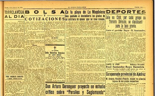 Gráfico. Página de 1948 de El Diario Montañés sobre el descubrimiento arqueológico en La Magdalena.
