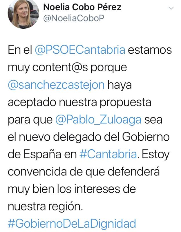 Tweet de la secretaria de Organización del PSOE que borró poco después. 