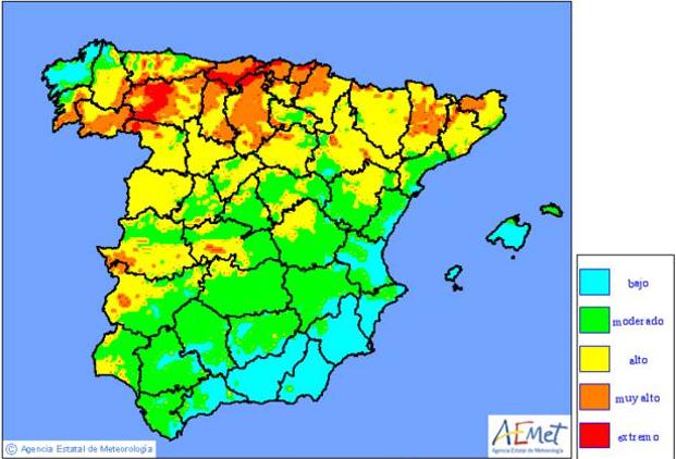 Mapa de niveles de riesgo de incendios previsto para hoy.