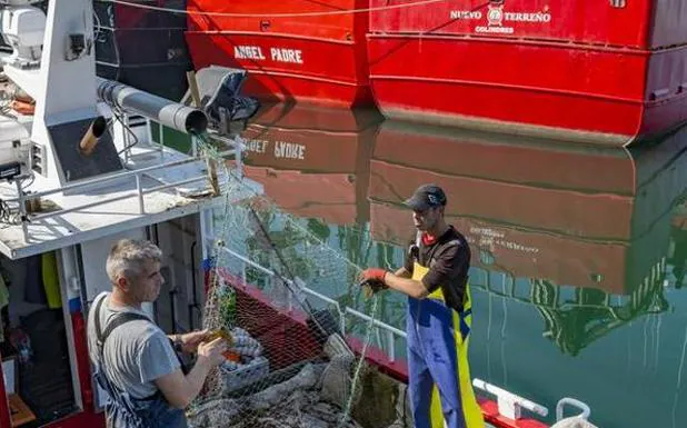 Garañaga y Castro, pescadores, trabajan con las redes en el barco