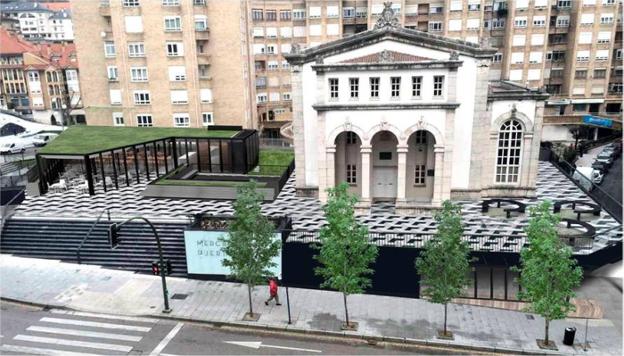 Recreación de cómo será la terraza de bares sobre el mercado y junto al Centro Cultural Madrazo. 