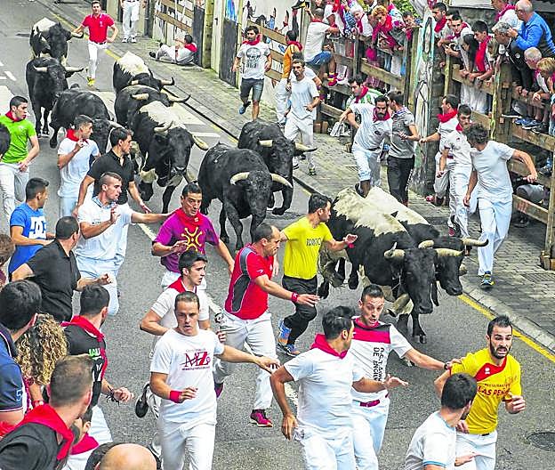 Corredores, delante de los novillos, en uno de los encierros del pasado mes de septiembre.