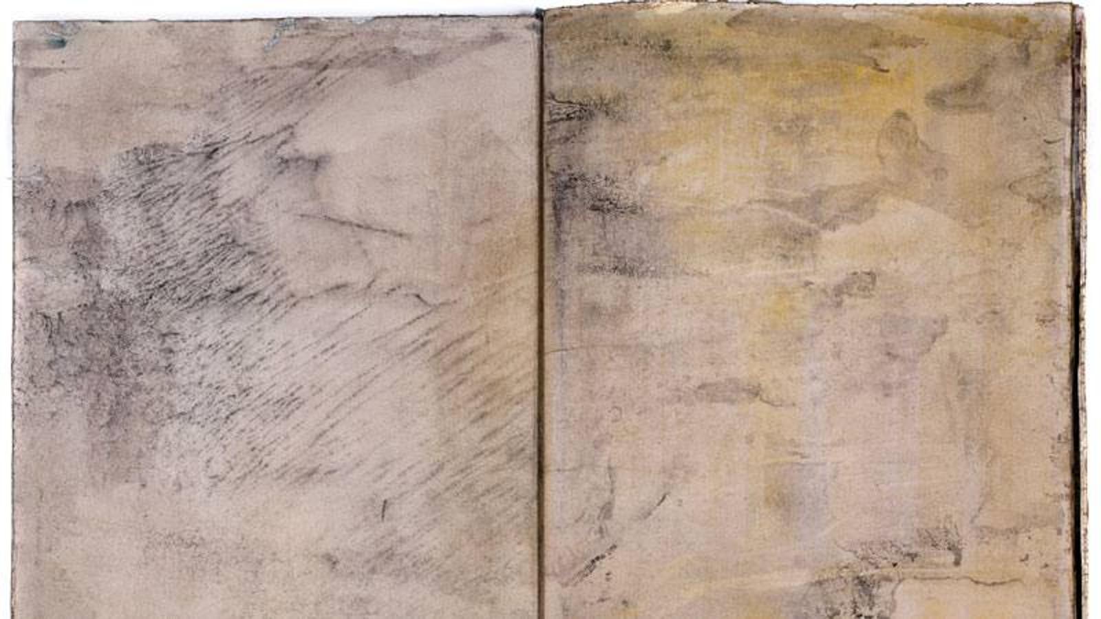 Rosell Meseguer. Stones from Sweden & Ytterby (mine) songs / Piedras de Suecia y canciones de la mina de Ytterby), 2018. Libro de artista (abierto). Pigmentos, agua y cola sobre papel de algodón. 70 x 100 cm. Pieza única.