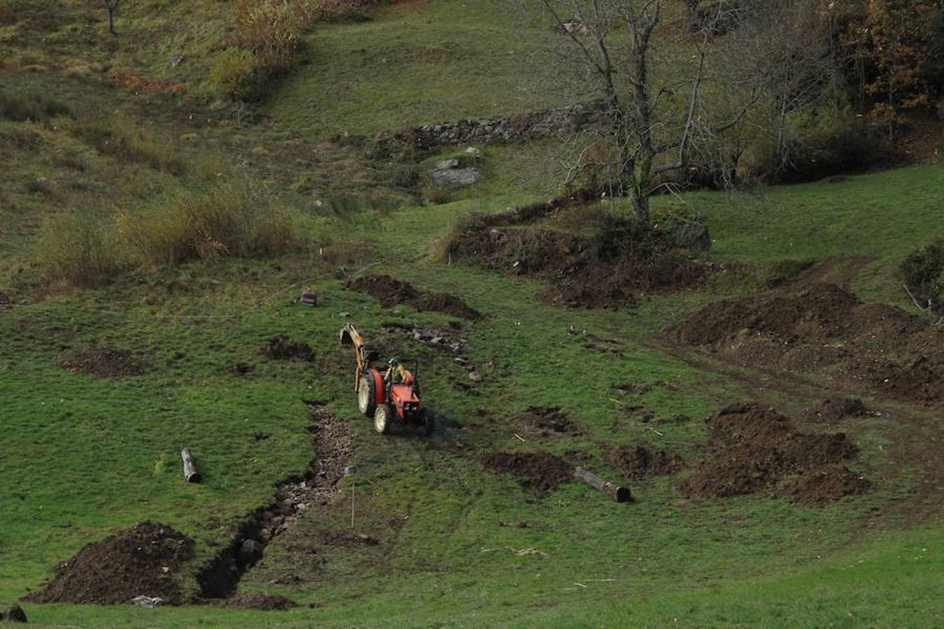 Marcos González abriendo una zanja para encauzar los drenajes en una finca de su propiedad.