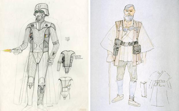 Bocetos de John Mollo con pruebas de vestuario para Darth Vader y Obi-Wan Kenobi.