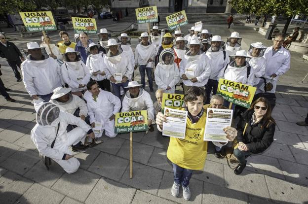 Una treintena de apicultores cántabros protestaron ayer en la plaza Alfonso XIII, junto a Correos, de Santander.