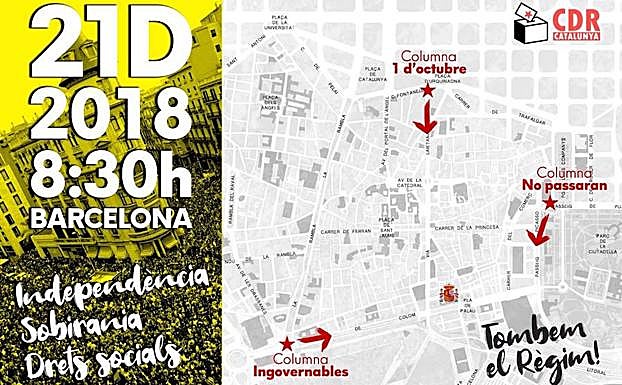 El cartel que los CDR han distribuido para convocar a las tres columnas para cercar la Lonja del Mar.