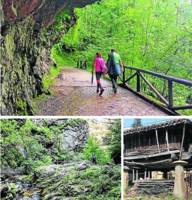 Arriba, dos caminantes recorren un tramo adaptado. Abajo a la izquierda, el sendero que conduce hacia Cruz de los Ríos. Abajo a la derecha, hórreo en uso en Soto de Agues.