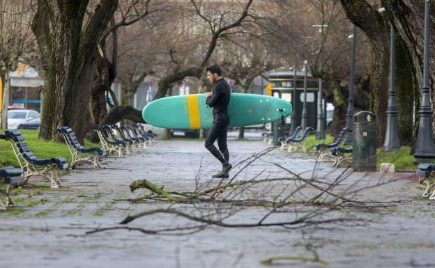 Un surfista, ayer por la tarde en el Parque de Mesones, cubierto de ramas caídas.