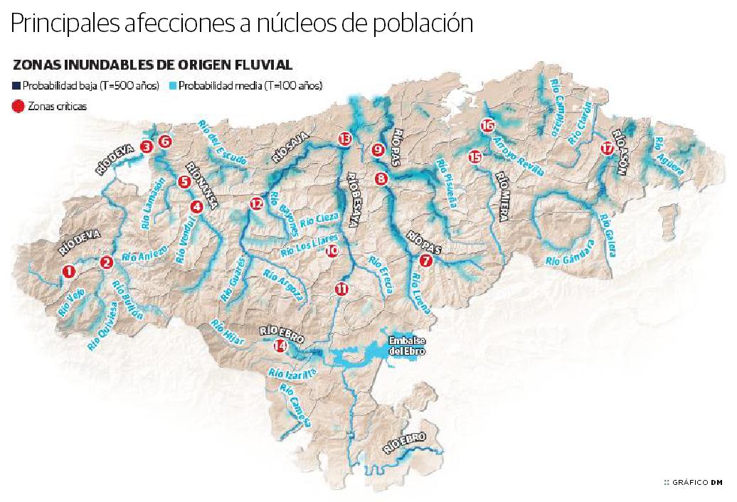 Imagen principal - 32.000 cántabros viven en zonas con riesgo de sufrir inundaciones por las riadas