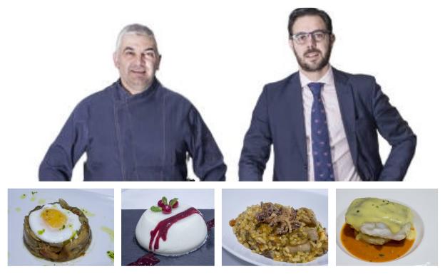 Arriba, Pablo Madrazo y Daniel Fidalgo, jefe de cocina y director del restautante del Silken Coliseum. Abajo, cuatro de los platos del menú desgustación.