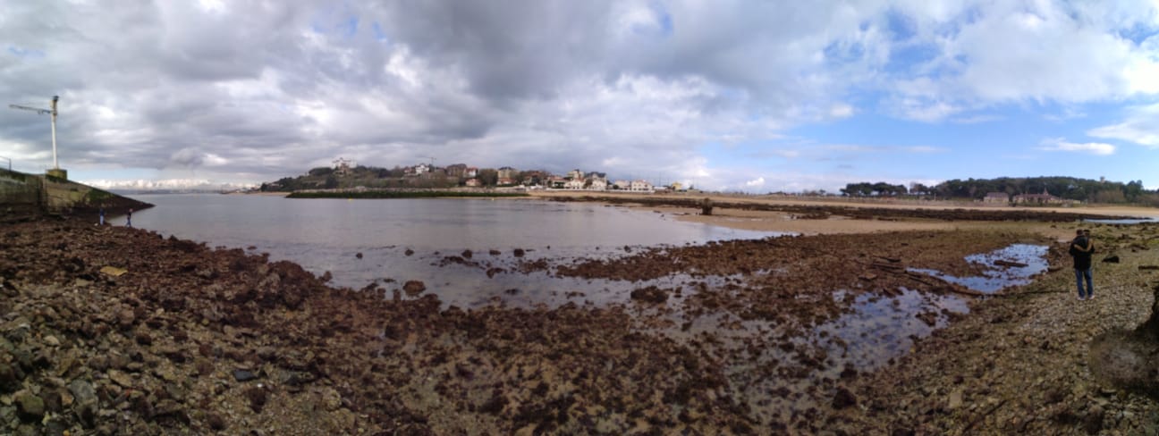 La potente bajamar ha permitido el paso a pié desde la playa de La Magdalena hasta la isla de la Torre en Santander.