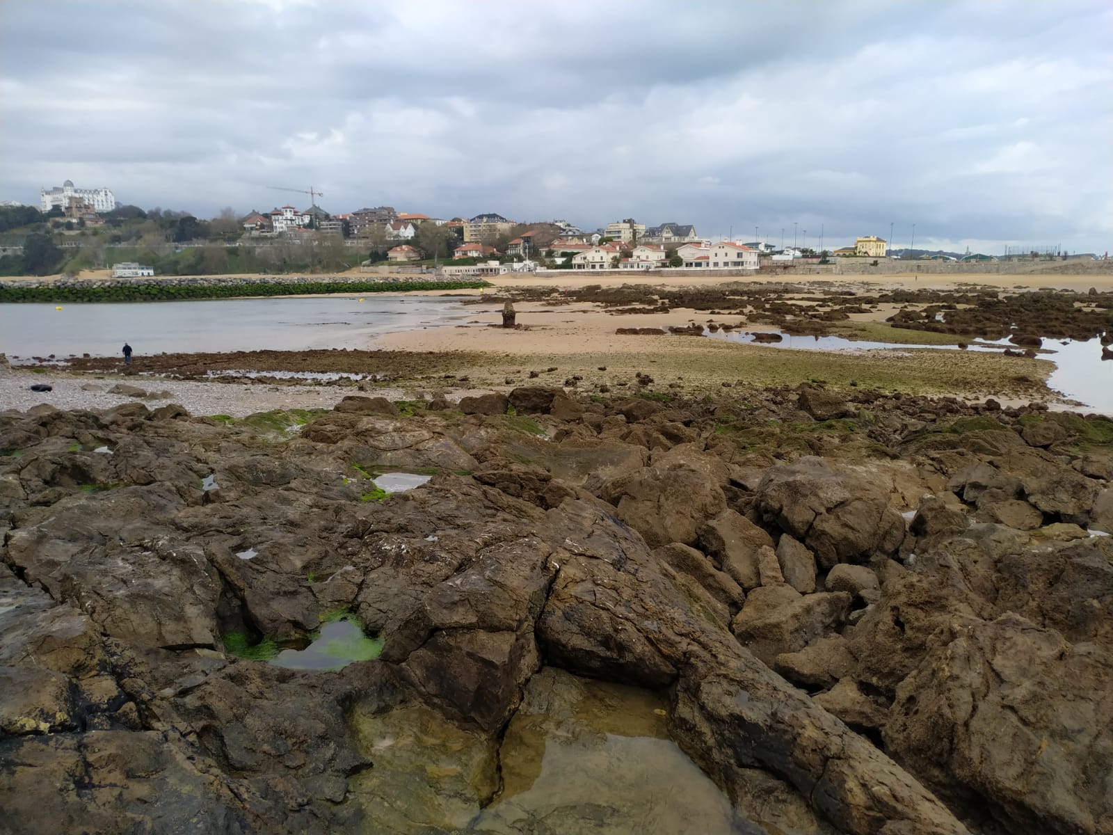 La potente bajamar ha permitido el paso a pié desde la playa de La Magdalena hasta la isla de la Torre en Santander.