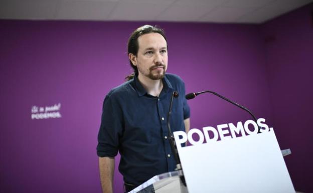 Pablo Iglesias, esta mañana en la sede de Podemos