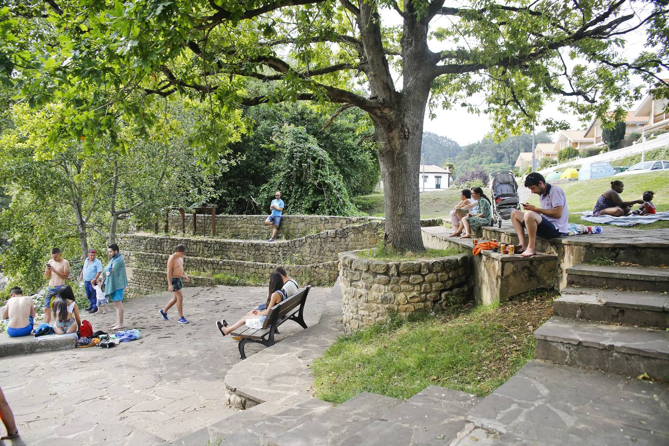 La gente utiliza la sombra en esta zona del río Pas, cercana a Puente Viesgo, para soportar los calores del verano.