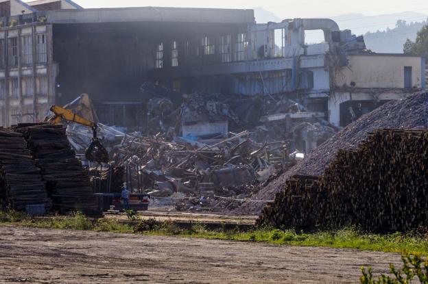 Trabajos de demolición de Papelera del Besaya, cuyas naves forman parte del recinto fabril de Sniace