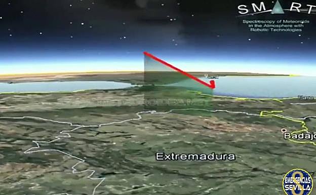 Trayectoria de la bola de fuego sobre Andalucía y Extremadura.