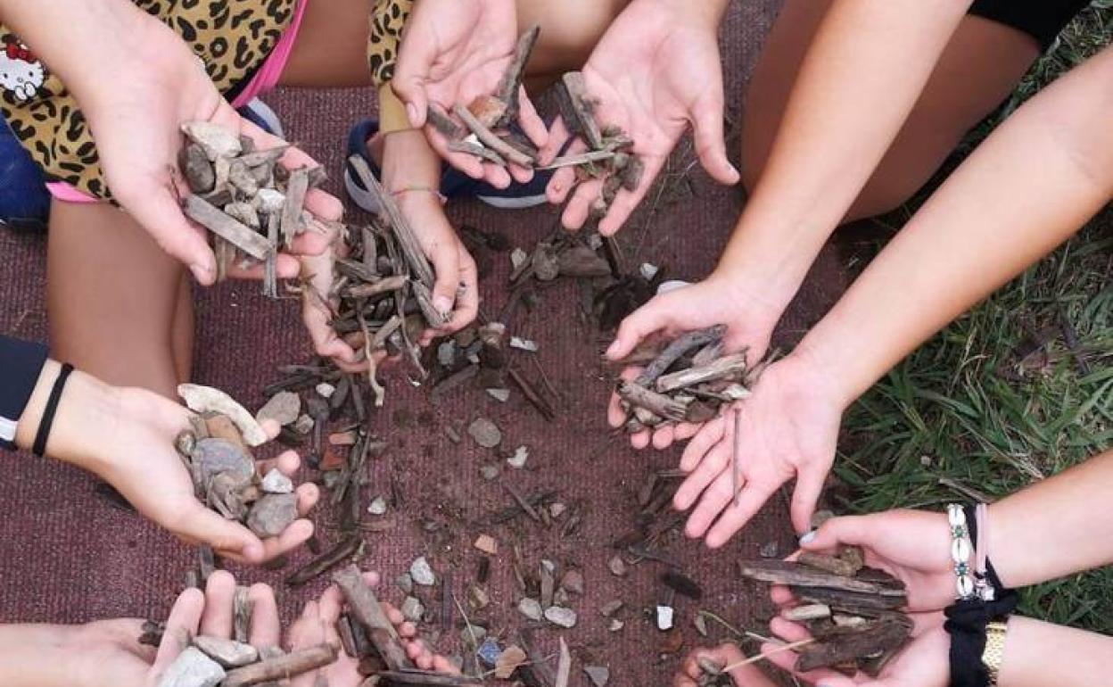 Basura, clavos, palos y piedras que fueron recogidos en el campo de rugby del Complejo Ruth Beitia.