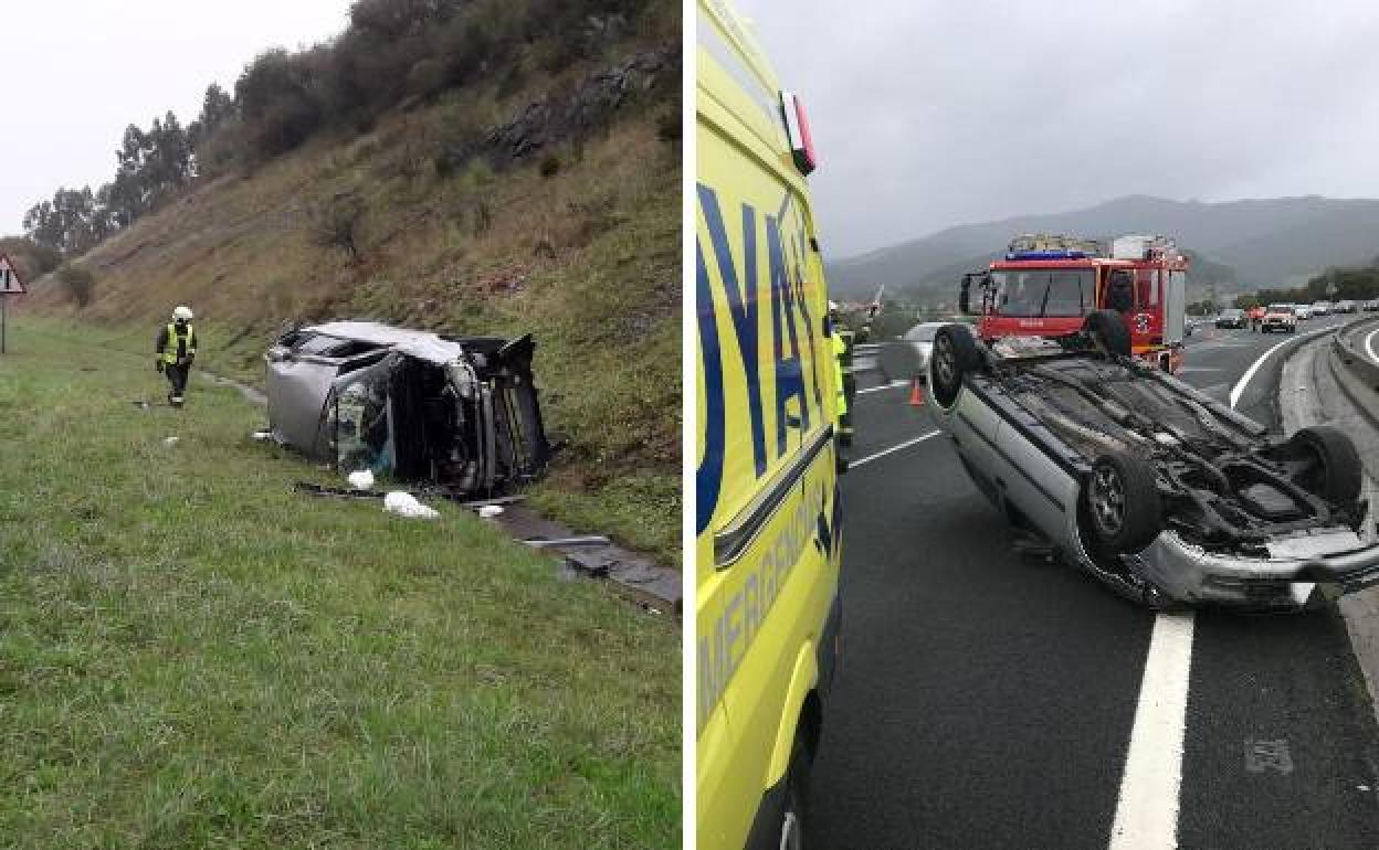 Dos accidentes consecutivos en la autovía A-8, con coches volcados en Bárcena de Cicero y Castro Urdiales