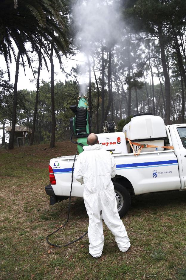 Operario fumiga con un cañón nebulizador el parque de La Magdalena en 2015.