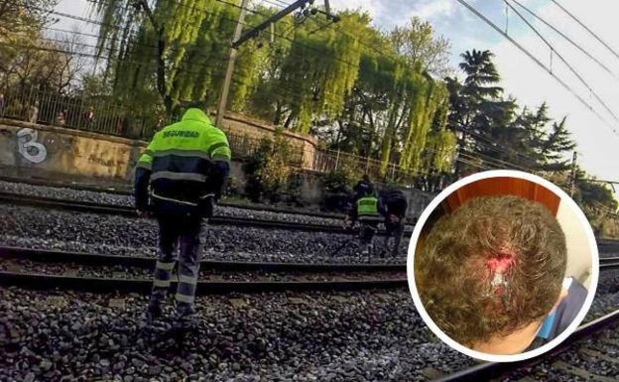 Imagen de archivo de vigilantes de Renfe interceptando a un grafitero en Santander. En el círculo, un vigilante muestra la herida en su cabeza por una pedrada.