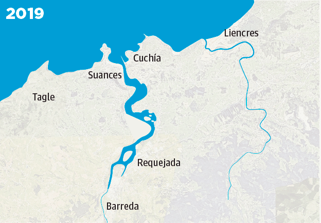 Comparación entre el nivel del mar de 2019 y el previsto para 2050 en la desembocadura de Suances.